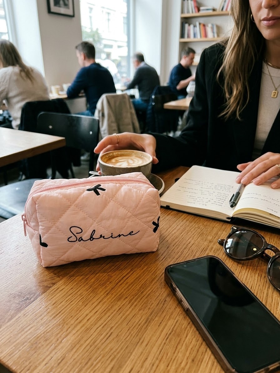 Trousse matelassée rose à nœuds noirs